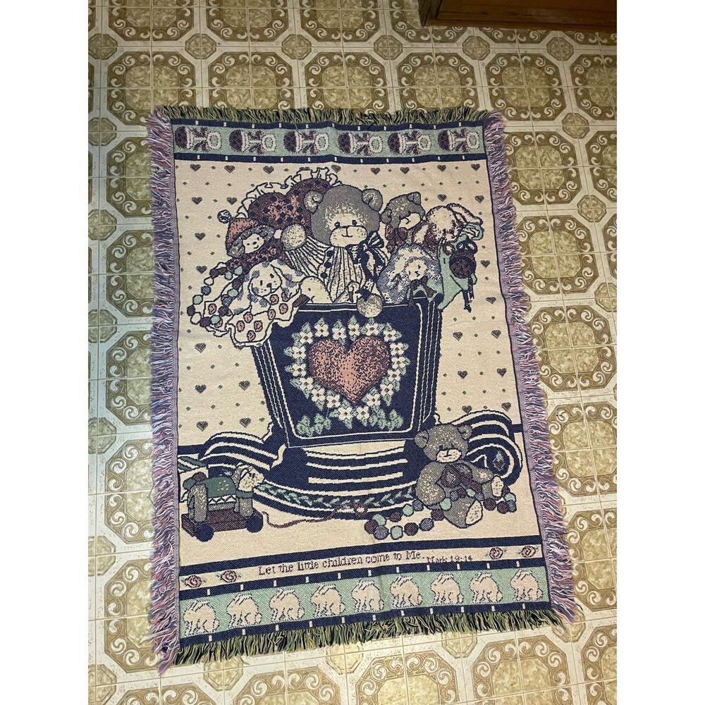 Vintage Lucy Rigg Teddy Bear Tapestry Blanket 1992 Bible Quote Nursery 32x46